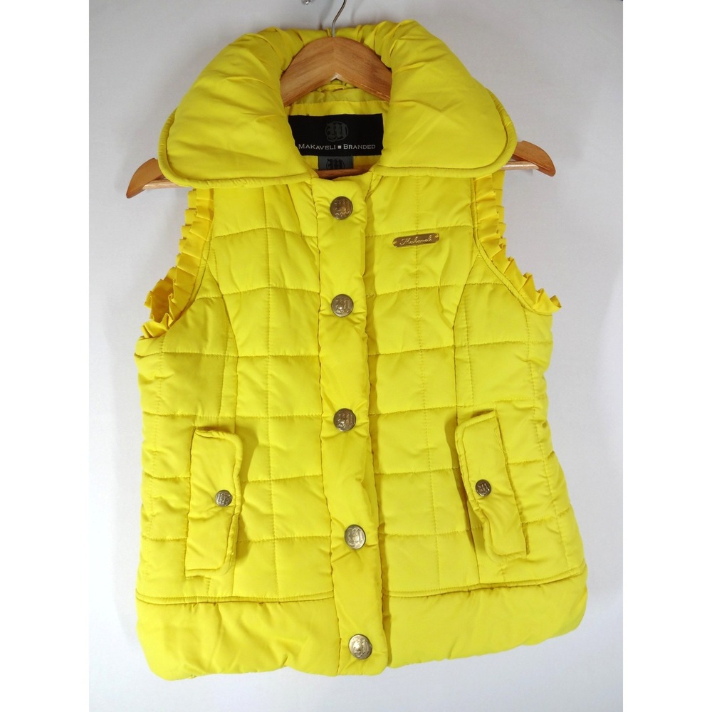 Y2K Makaveli Branded Puffer Vest Womens M Yellow Quilted Ruffle Streetwear Urban